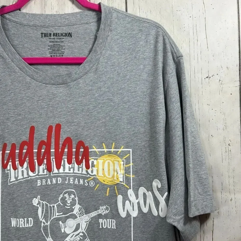 True Religion Buddha Was Here Graphic Tee Heather Gray Streetwear Skater XXL
